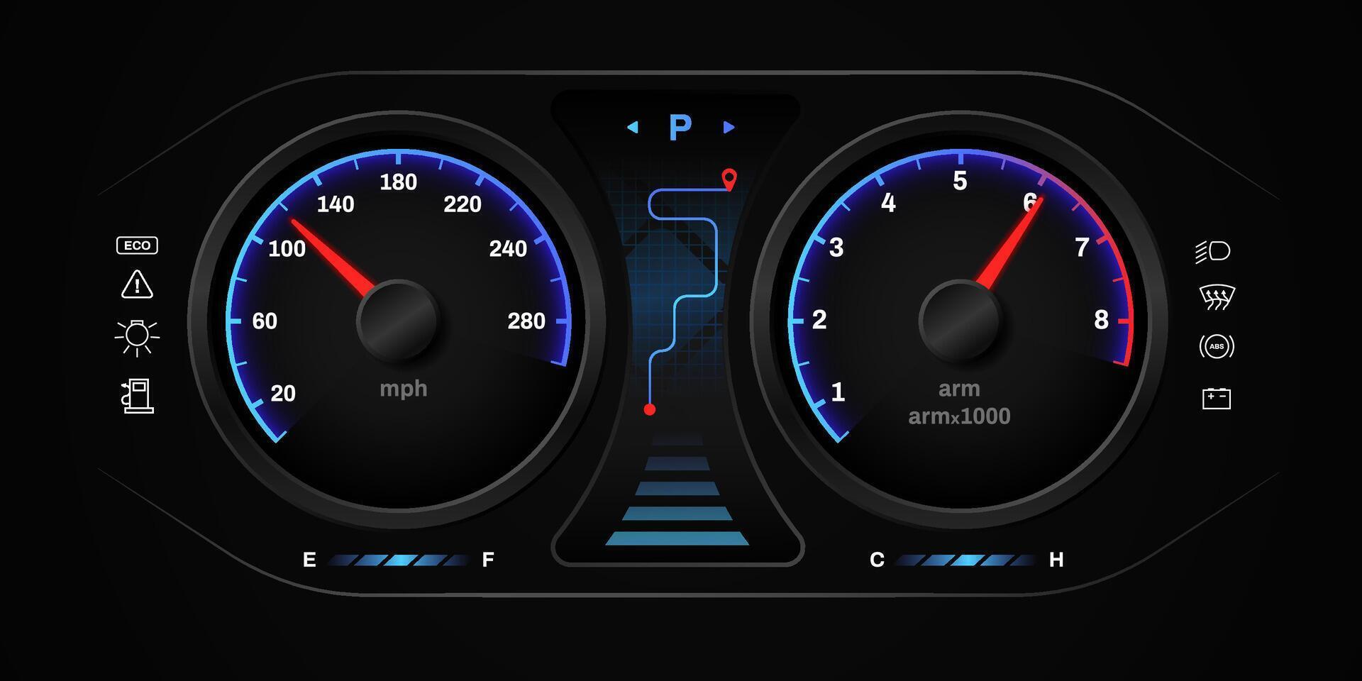 Car dashboard with speedometer and navigation on digital display for accurate vehicle monitoring vector