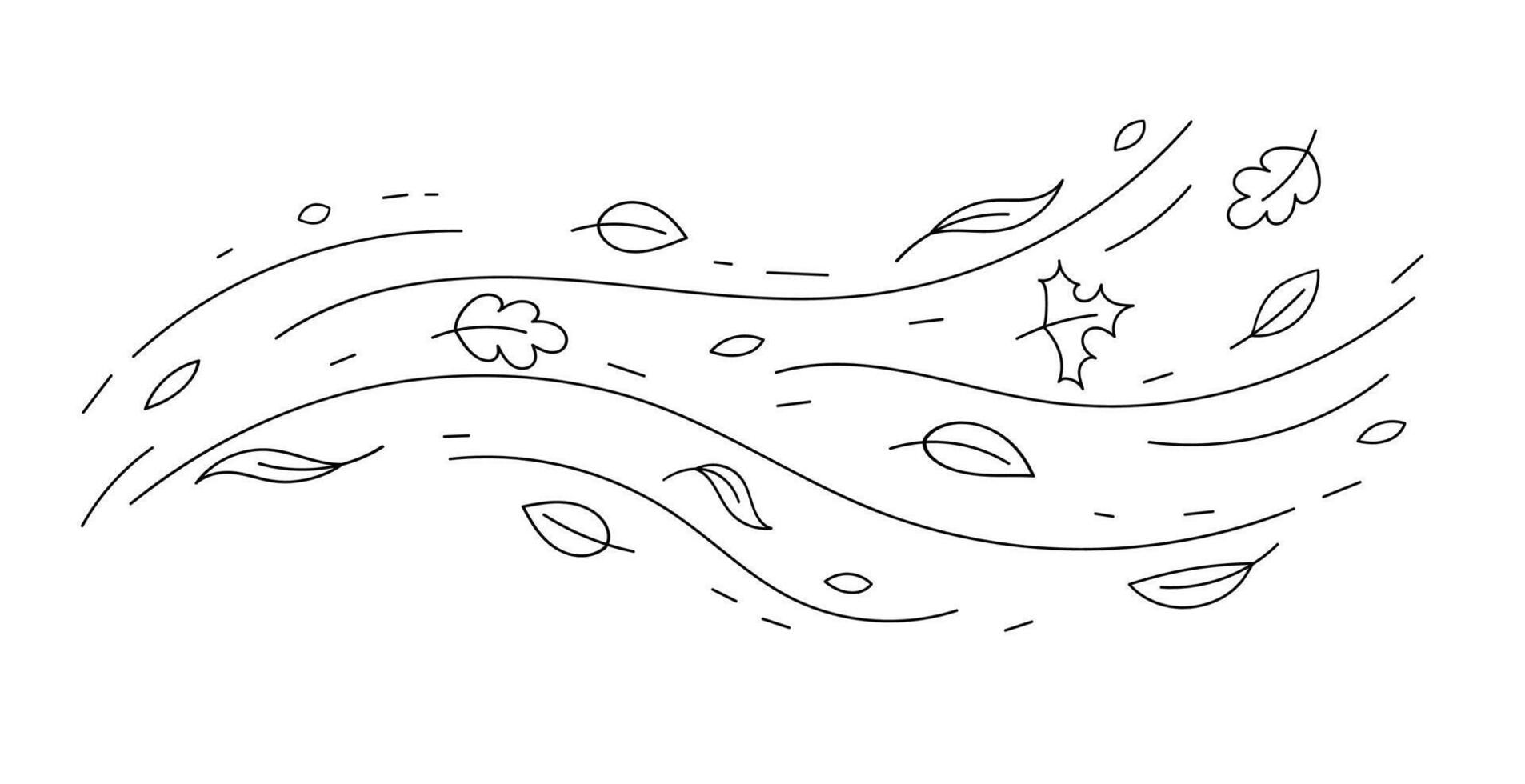 Autumn leaves blowing in the wind line art with branches and leaves sketch vector