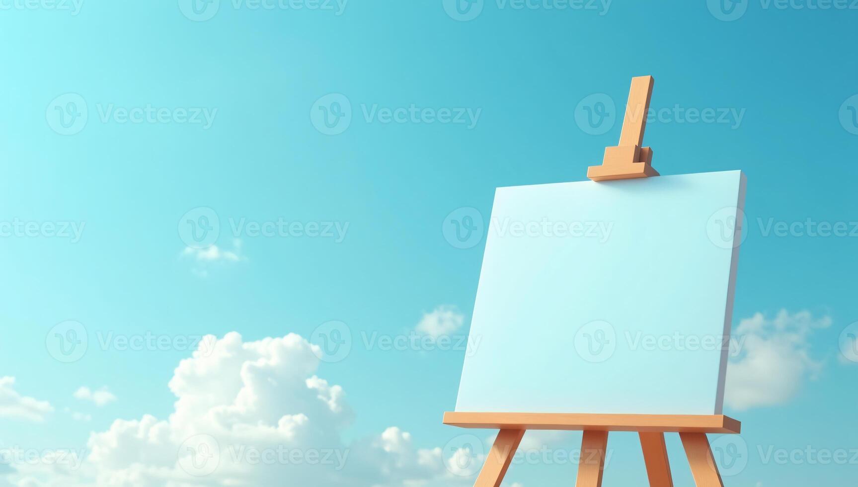 Easel with light blue blank canvas on blue sky and clouds background. photo