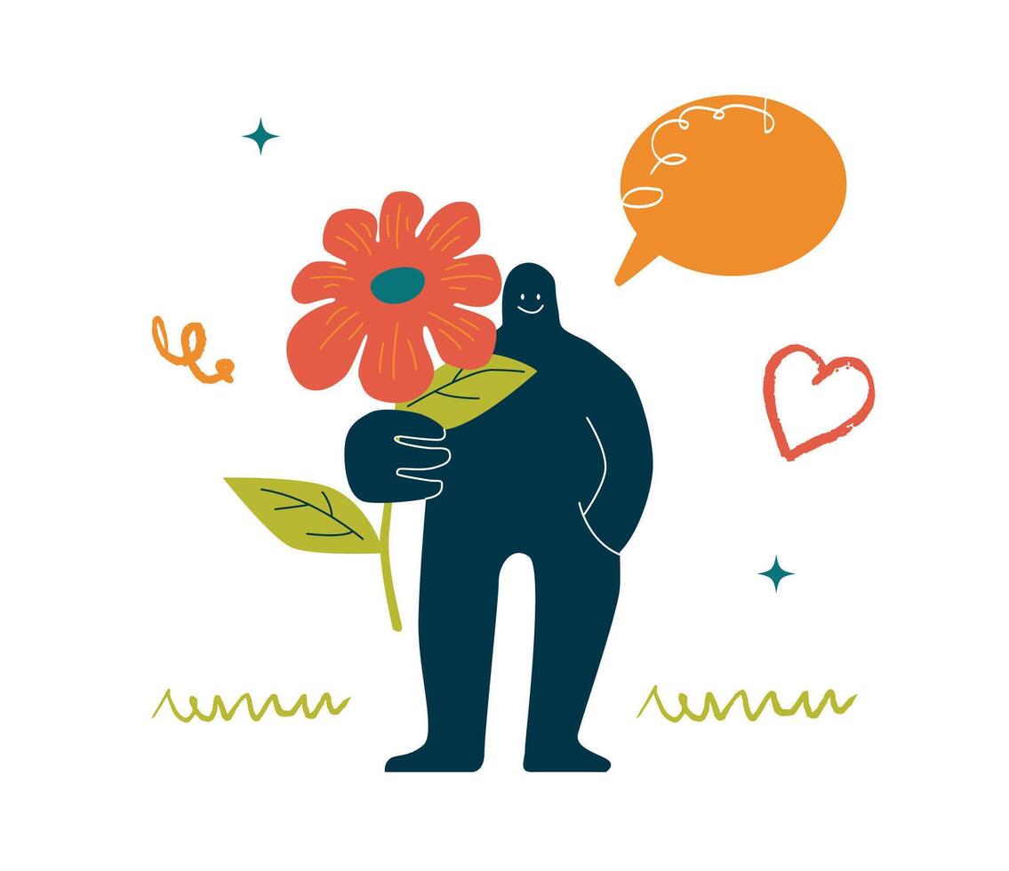 The Rounded character holds a huge flower in his hand. It's surrounded by a heart, a speech bubble, and doodles. A metaphor of friendly and tender feelings. vector