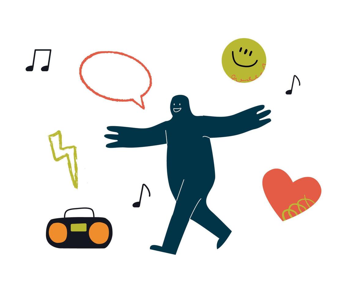 A joyful rounded character dances to the music. It is surrounded by hearts, clouds and bubbles. A symbol of happy activity. vector