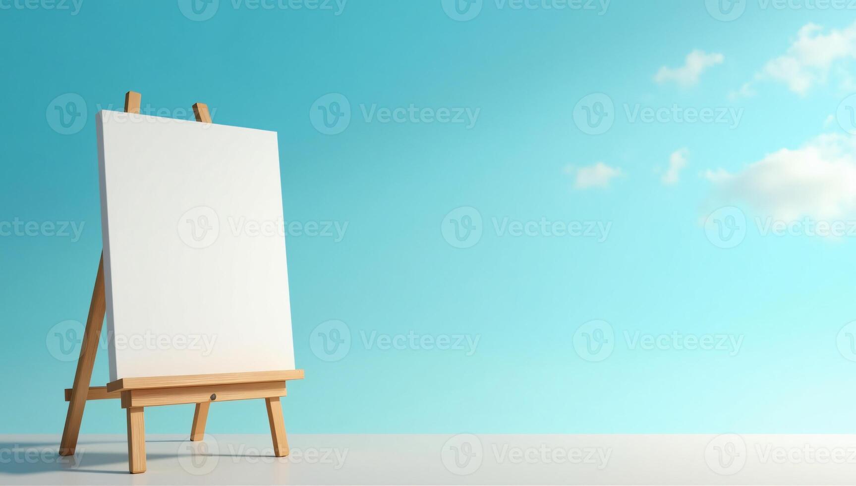 Easel on floor surface with blank canvas on blue sky background. photo