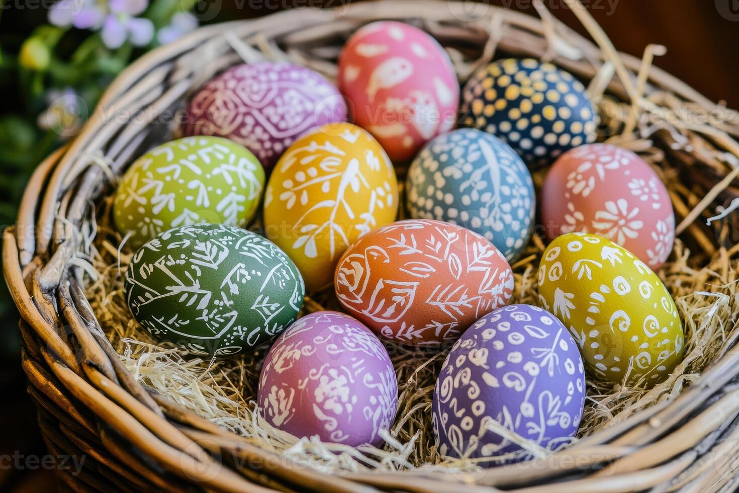 Easter eggs in woven basket with straw background. Top view photo