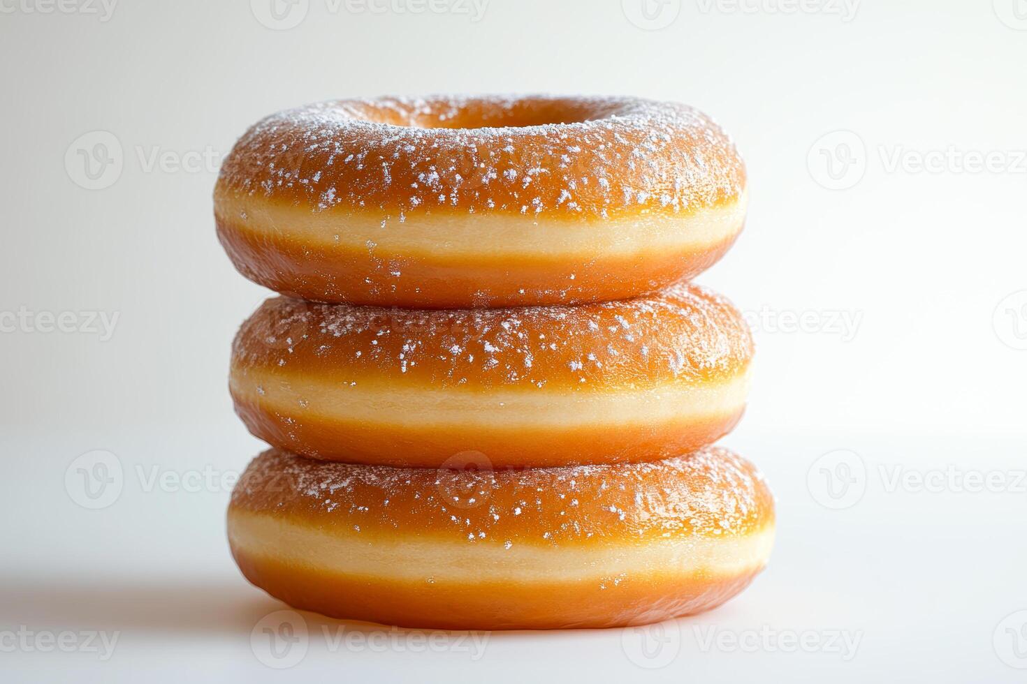 Stack of three sugary glazed donuts on white background. photo