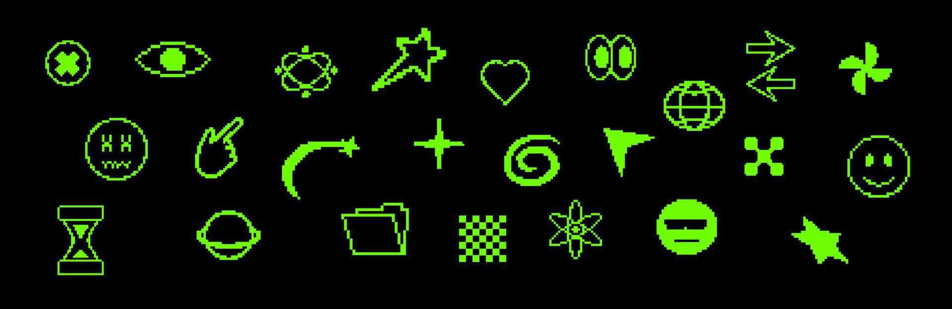 Pixel icons with retro green and abstract digital elements. vector