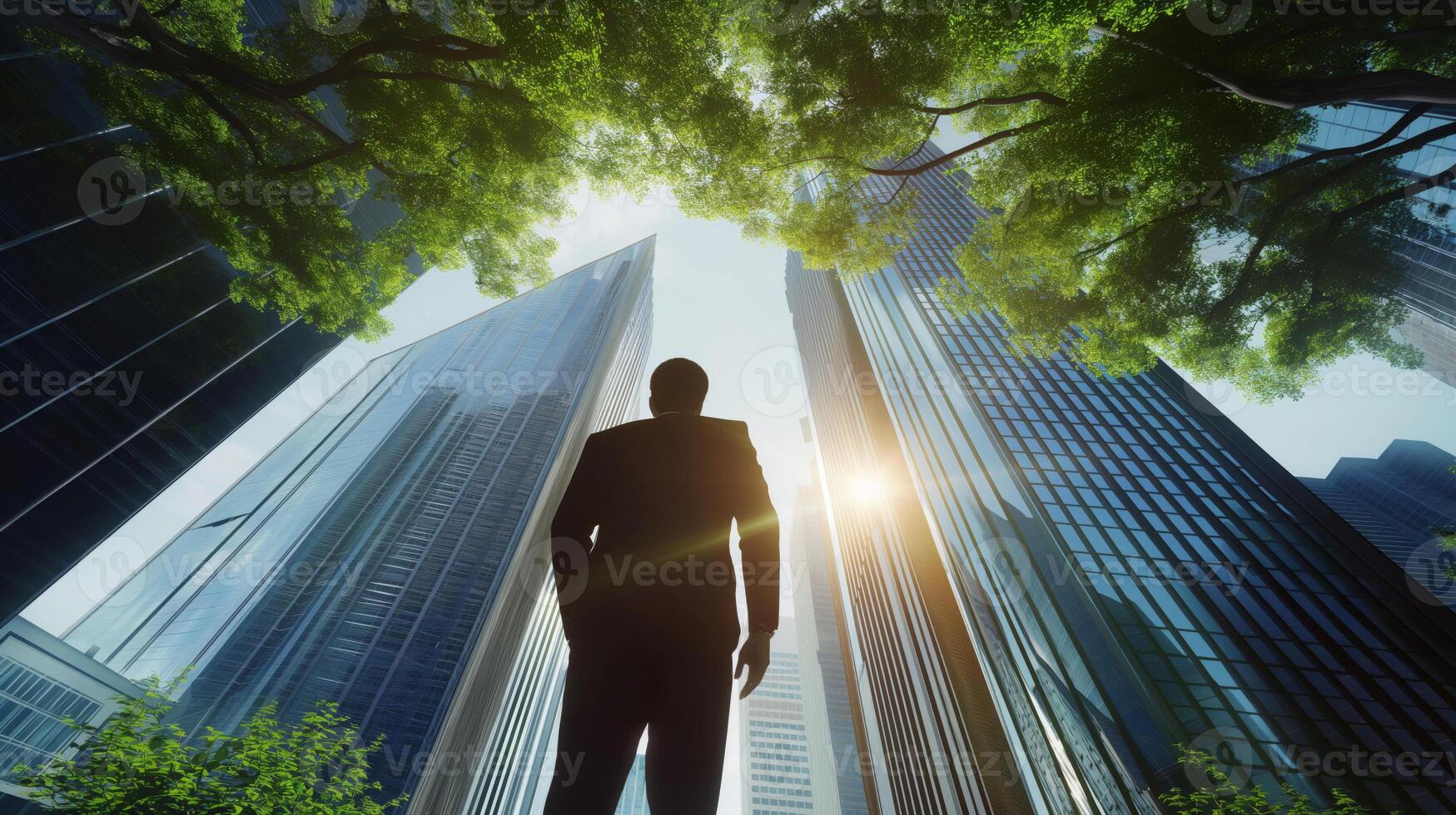 Silhouette of a business man standing in front of tall buildings photo