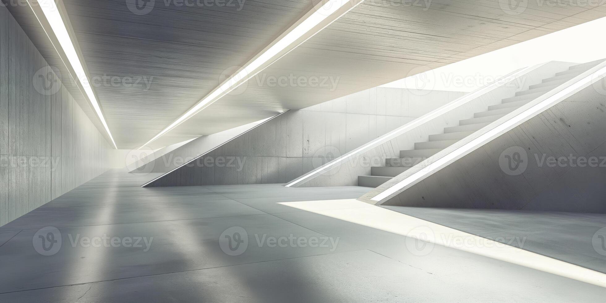 A long hallway with stairs and light coming from the ceiling photo