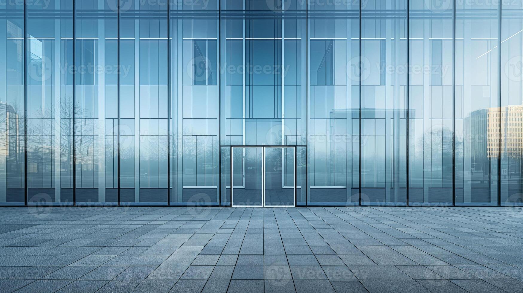 A large glass building with a door in front of it photo