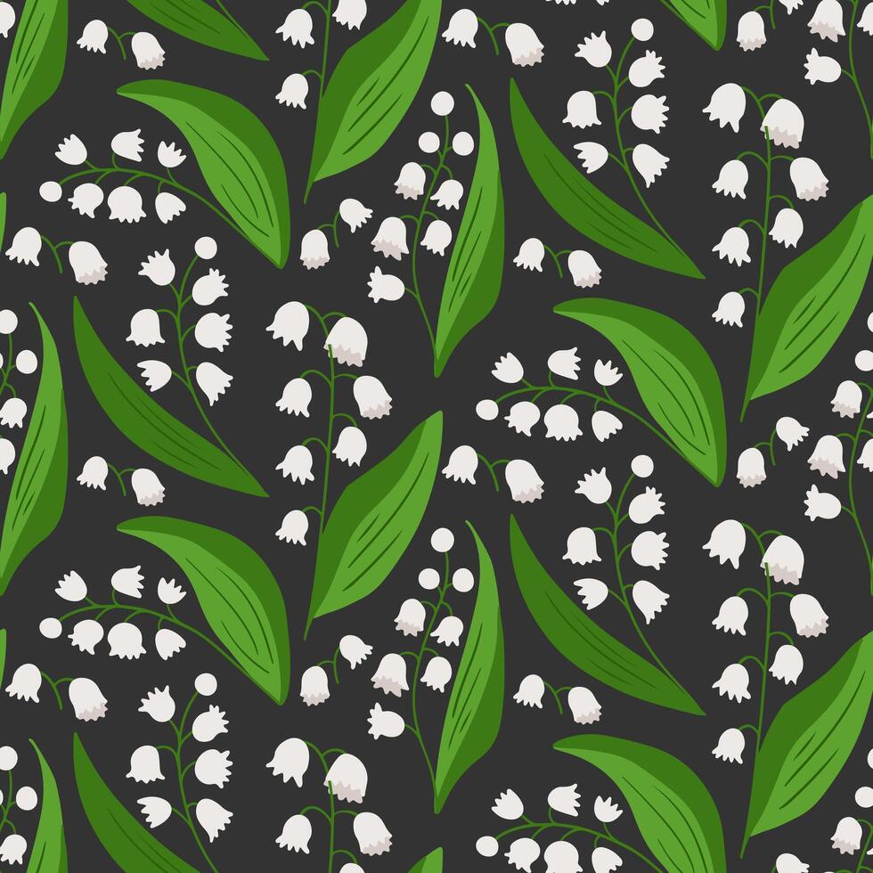 Seamless pattern featuring lily of the valley flowers with green leaves on a dark background. A delicate and elegant floral design perfect for textiles, wallpapers, and spring-themed projects. vector