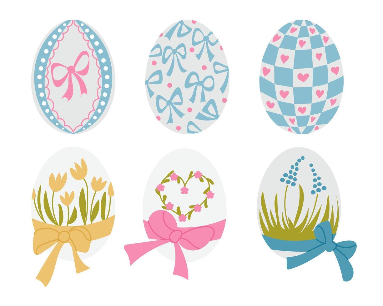 Set of six decorative Easter eggs adorned with bows, floral patterns, and geometric designs. A festive and charming illustration symbolizing the joy and beauty of Easter celebrations. vector