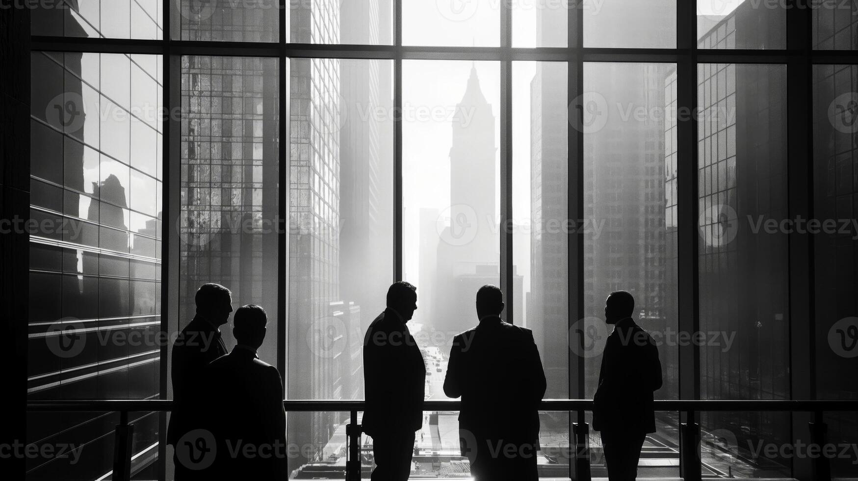 Silhouettes of business people standing in front of large windows photo