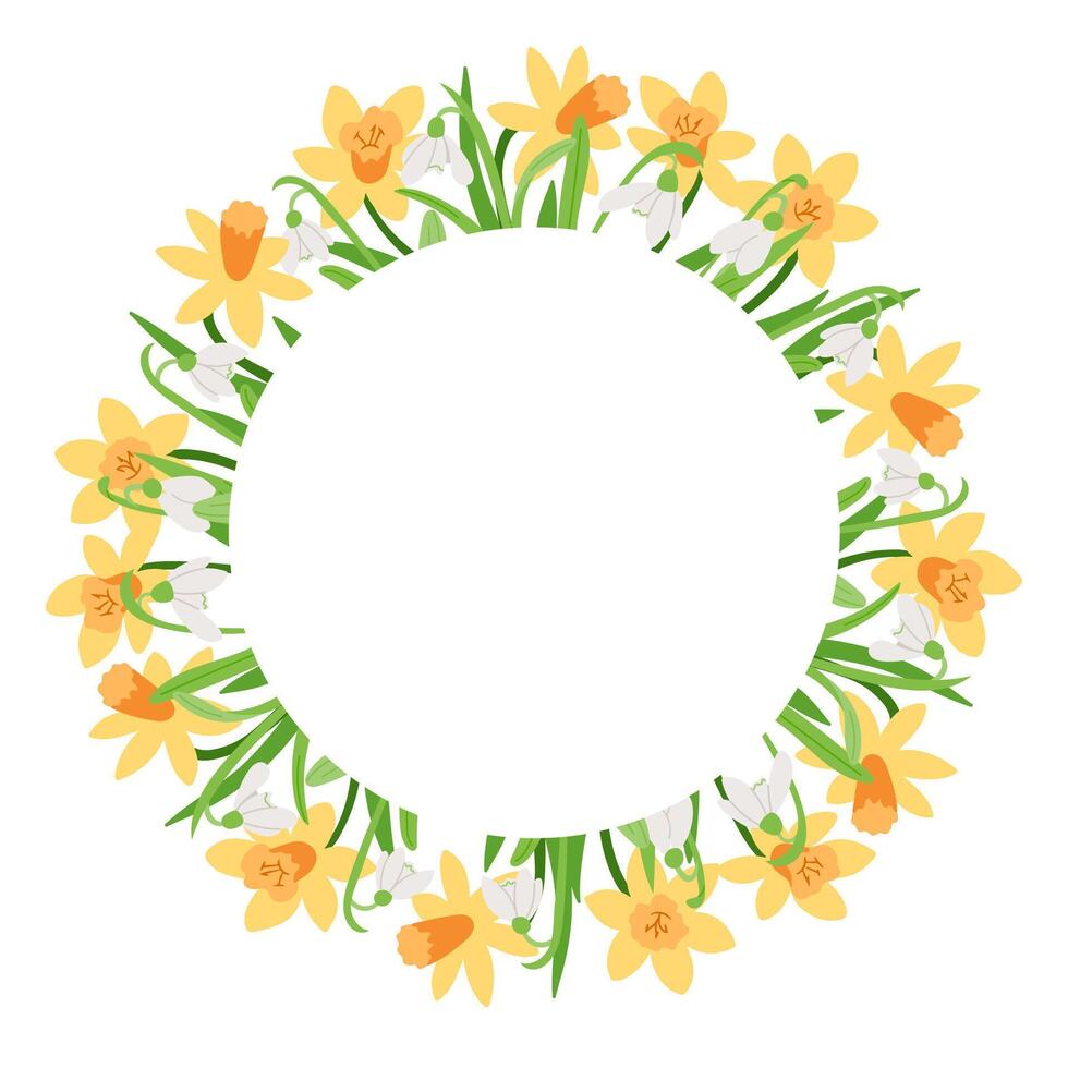 Floral wreath illustration made of yellow daffodils and white snowdrop flowers arranged in a circular frame. hand drawn template isolated on white background vector