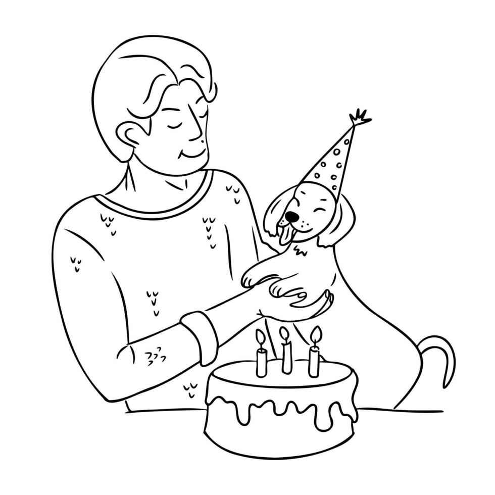 Man celebrating his dogs birthday with a cake and a party hat in a black and white minimalistic line drawing. hand drawn contour lines illustration isolated on white background vector