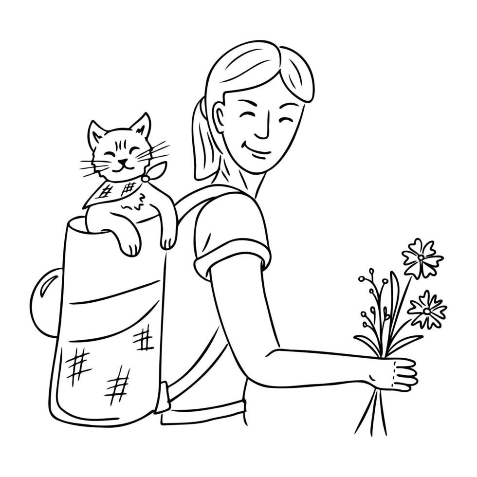 Black and white line drawing of a smiling woman carrying a happy cat in a backpack while holding a small bouquet of wildflowers, symbolizing adventure, companionship. line art illustration vector