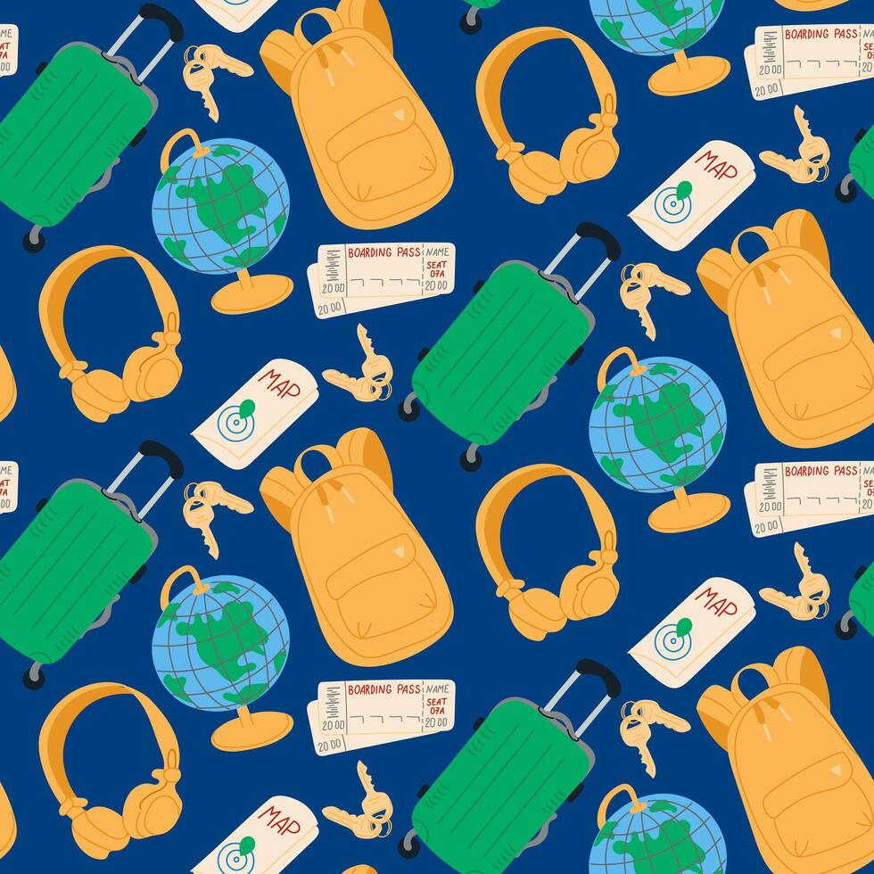 Seamless travel pattern with suitcases, backpacks, globes, boarding passes, maps, keys, and headphones on a dark blue background, creating a vibrant and adventurous design for travel lovers vector