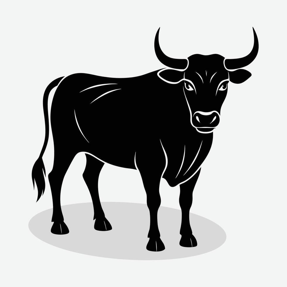 A black bull is standing in front of a white background. vector