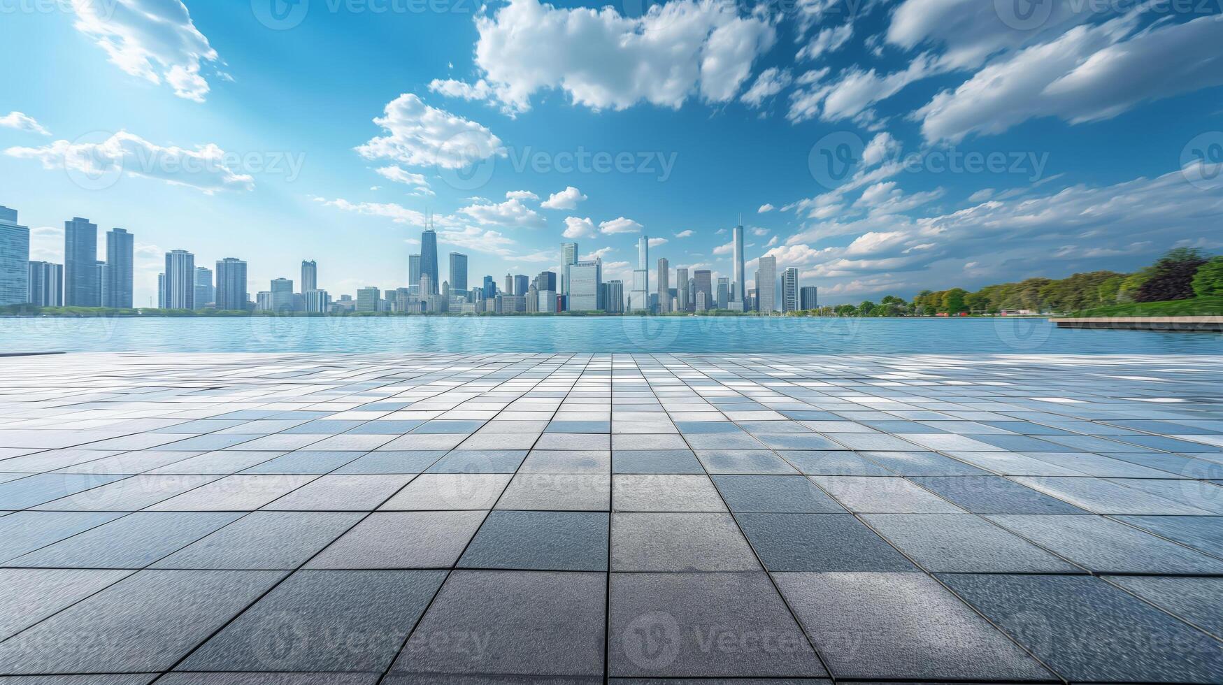 A city skyline with a lake and a city in the background photo
