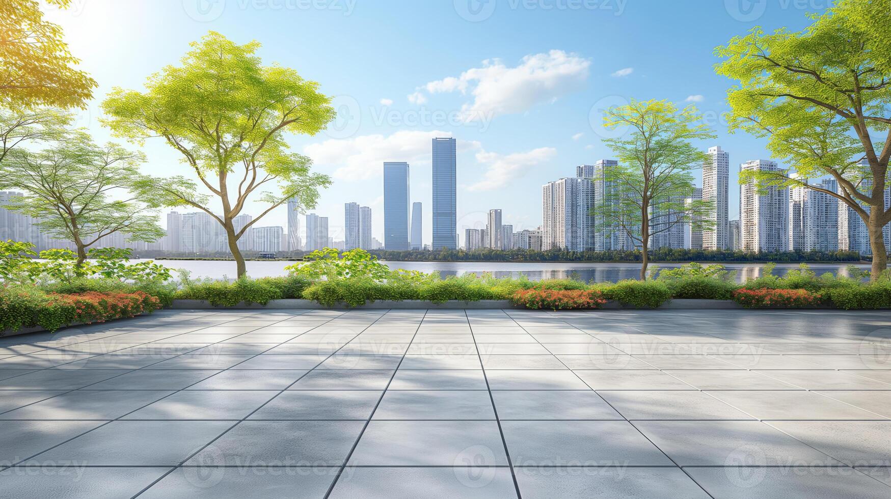An empty cityscape with trees and grass photo