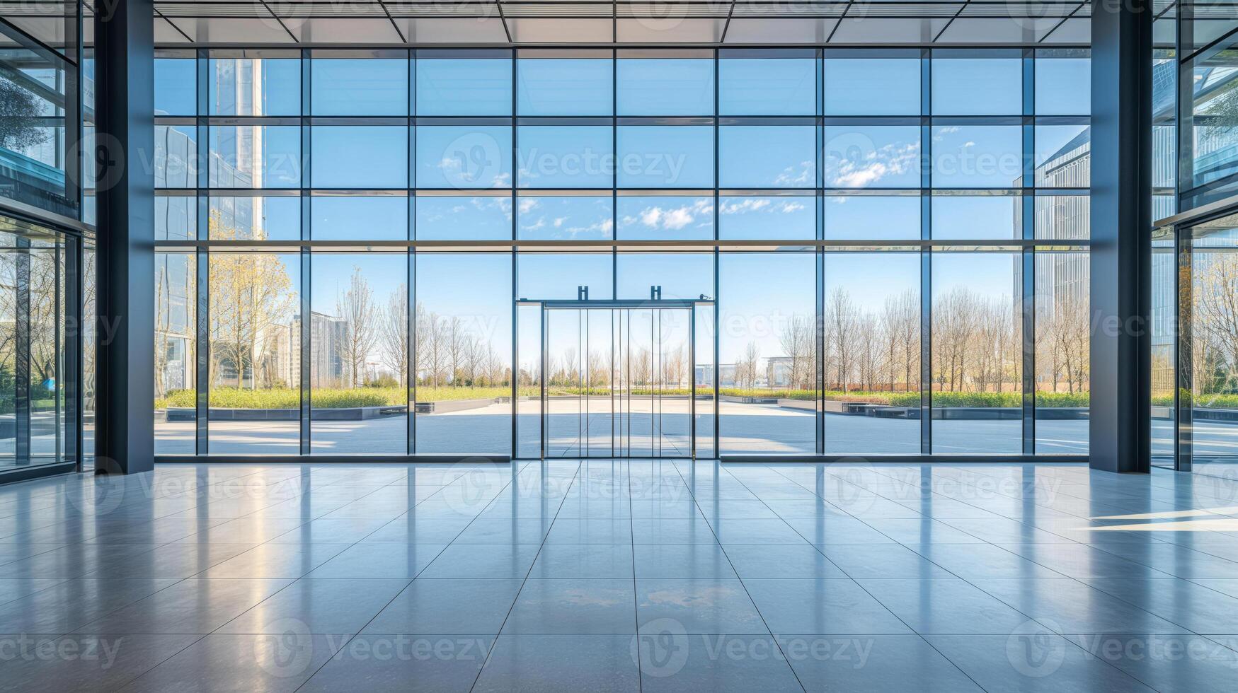 An empty office building with large windows and a large door photo