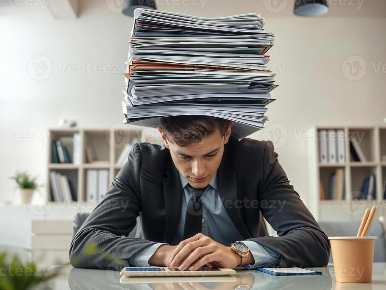 A man in a suit sitting at a desk with a stack of papers on his head photo