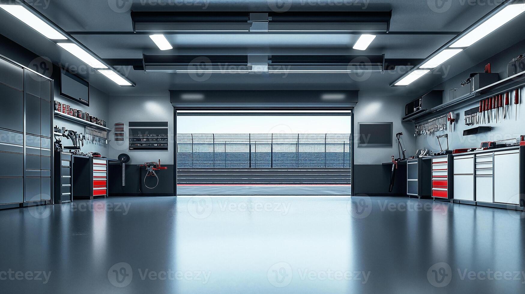 A garage with a large door and lots of tools photo