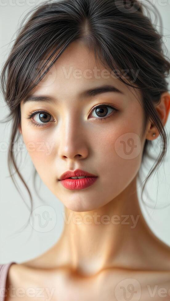A beautiful young woman with dark hair and red lips photo