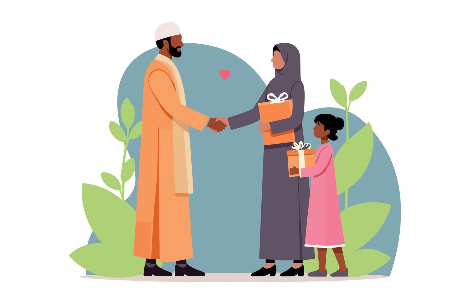 Muslim family giving gift to each other vector