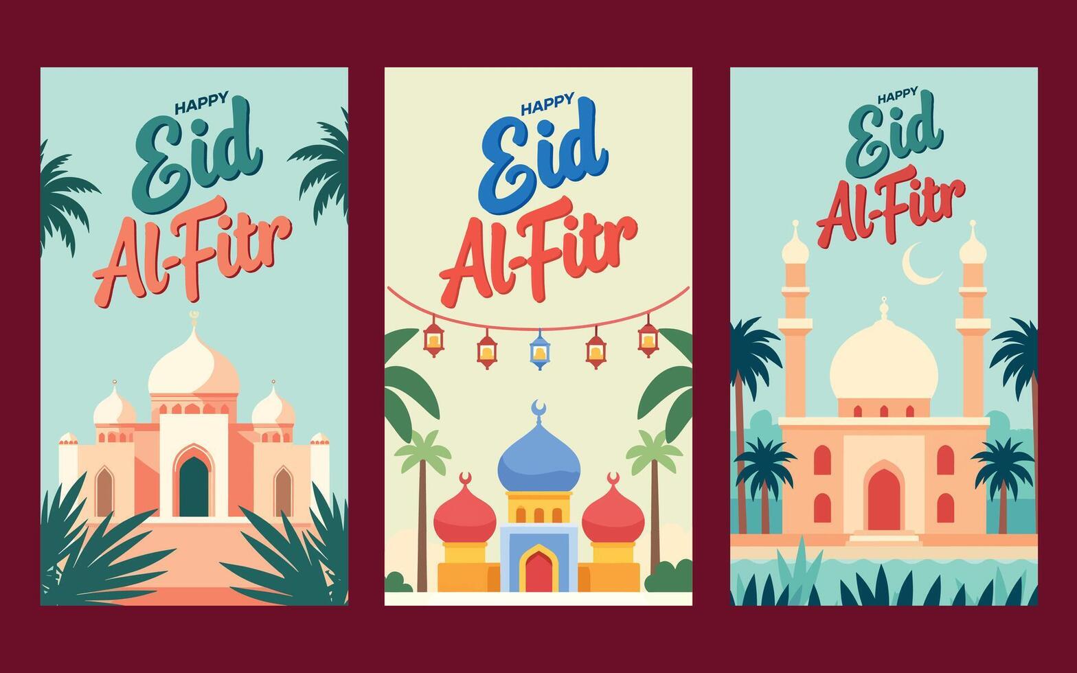 Eid al-fitr greeting cards with mosque and palm trees vector