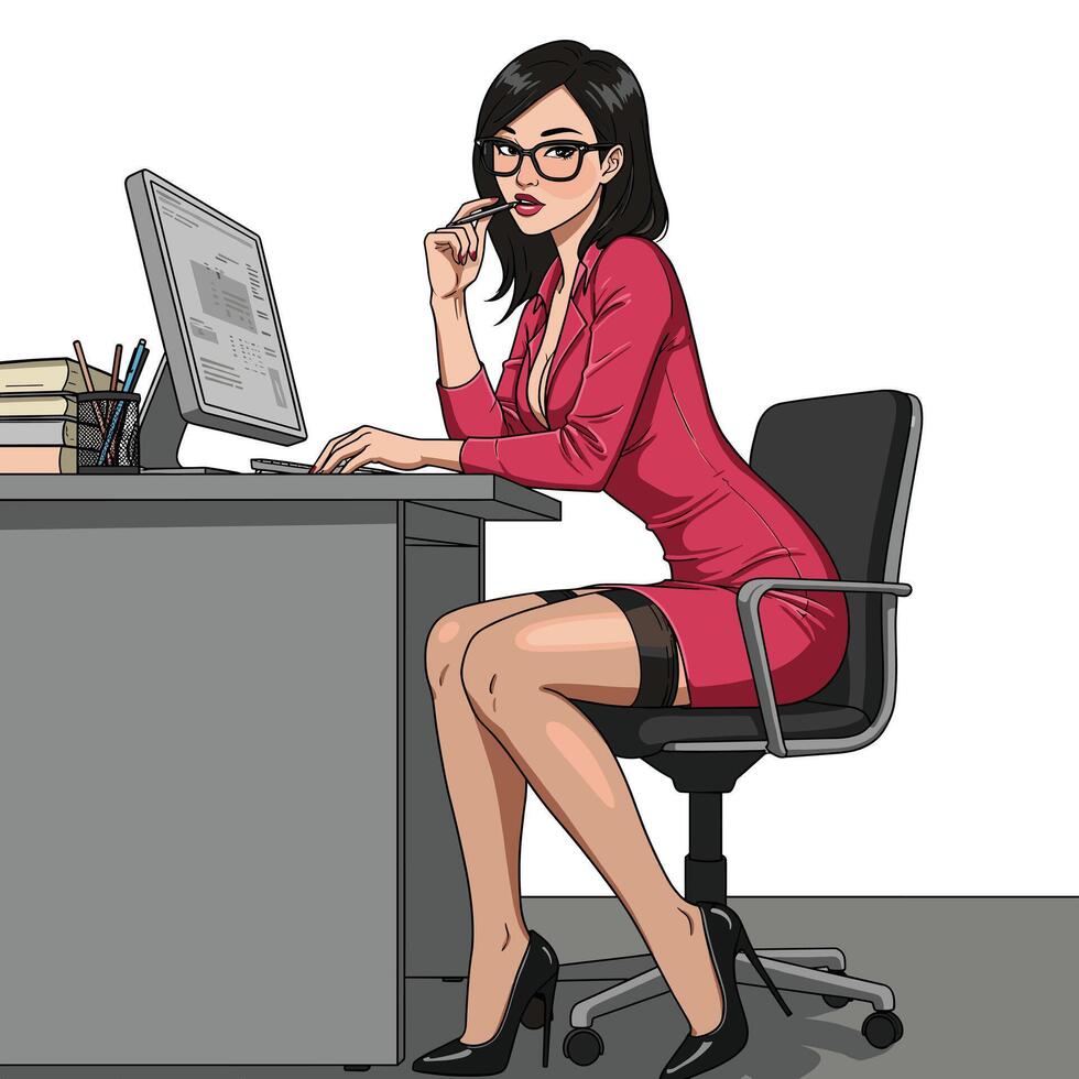 A woman in a business suit sitting at a desk with a computer vector