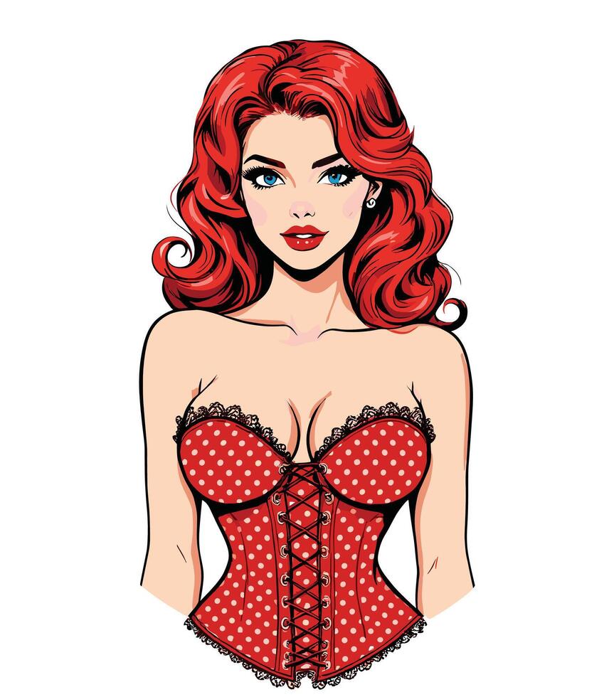 Pinup girl in red corset with polka dots vector