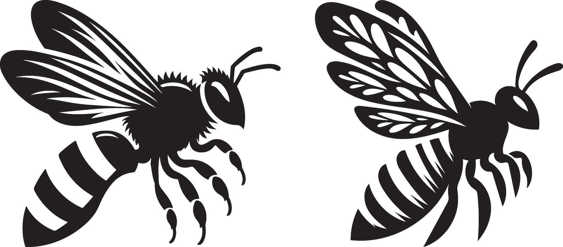 Black and White Bee Illustration Set, Flying and Sitting Bees Isolated on White Background vector