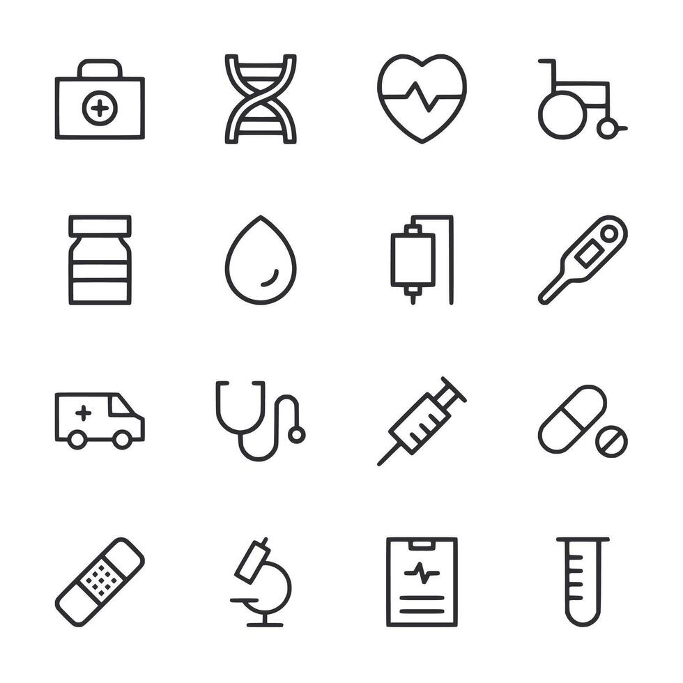 Collection of medical icons including a stethoscope, syringe vector