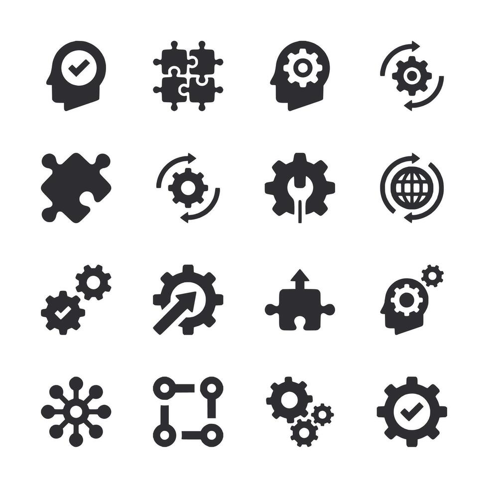A set of black and white icons that include gears, a check mark, and a globe vector