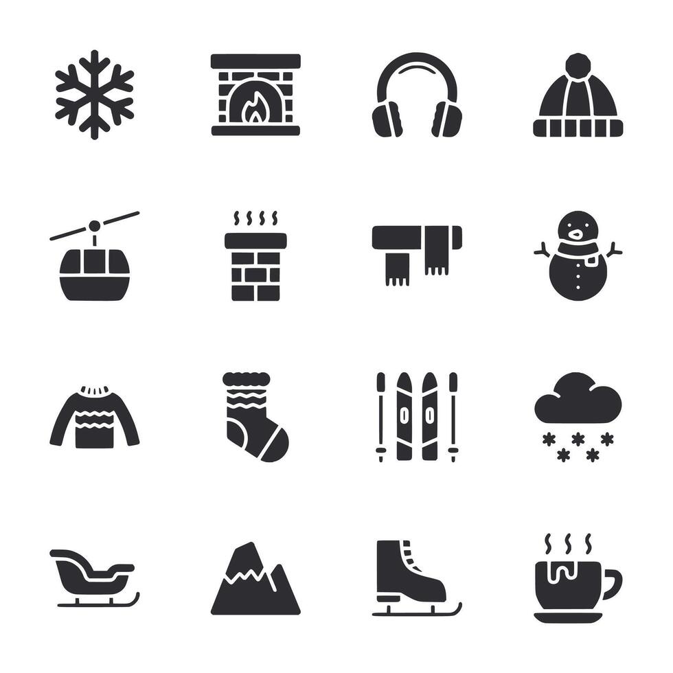 A set of winter-themed icons, including a snowman, a ski lift, a ski pole vector