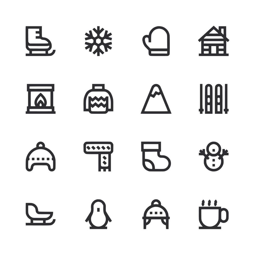 A set of winter-themed icons, including a penguin, a snowman, a snowboard vector