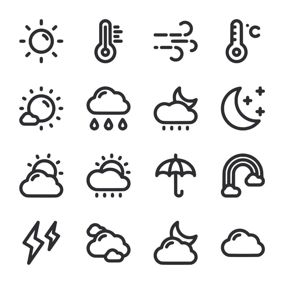 A set of weather icons including rain, sun, clouds, and a rainbow vector