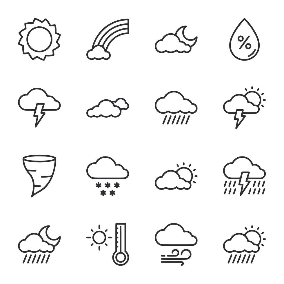 A set of weather icons including rain, sun, and clouds vector