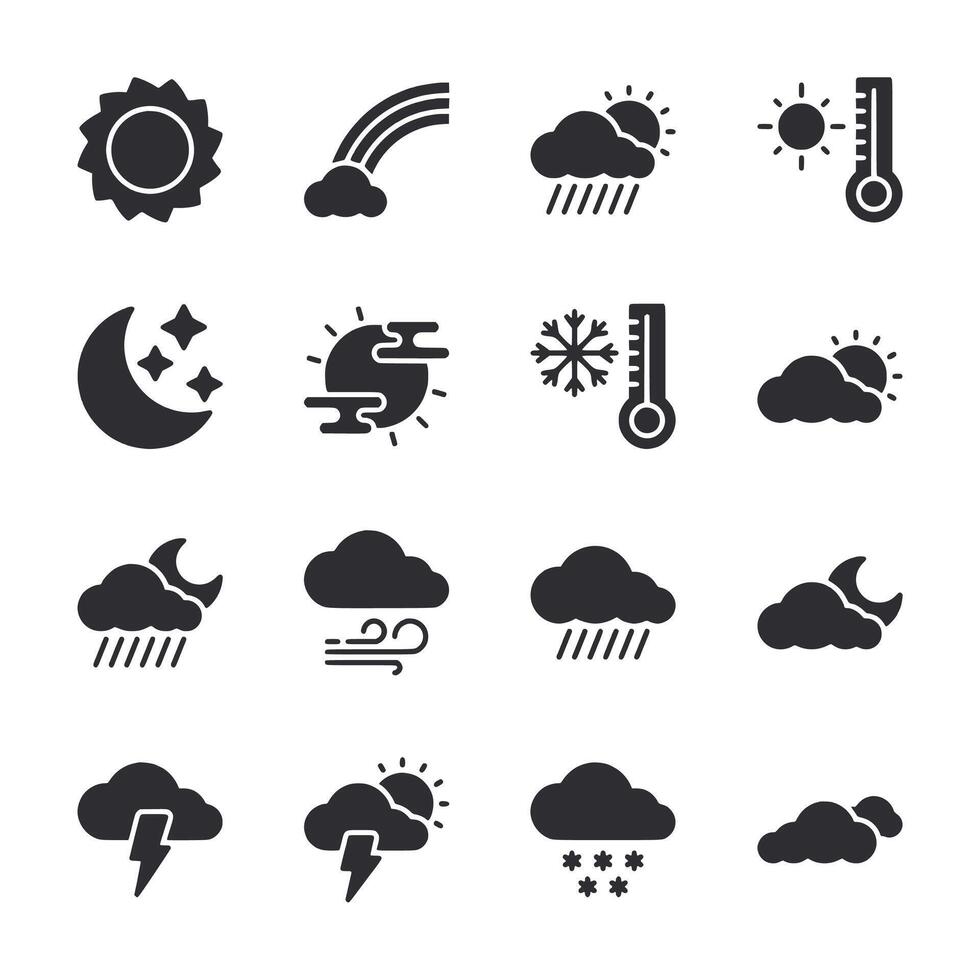A collection of weather icons including rain, sun, clouds, and wind vector