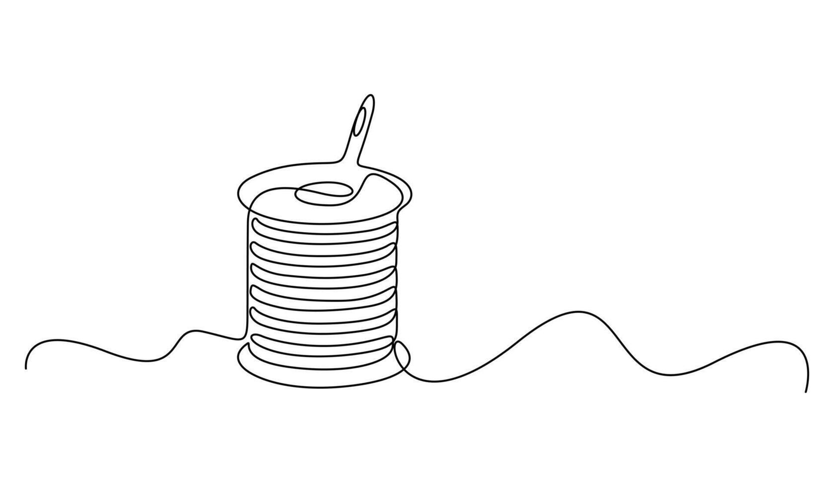 Continuous single line drawing needle spool of thread button design for sewing and cutting. Graphic illustration vector