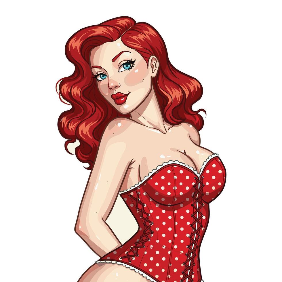 Pin up girl in red polka dot corset vector