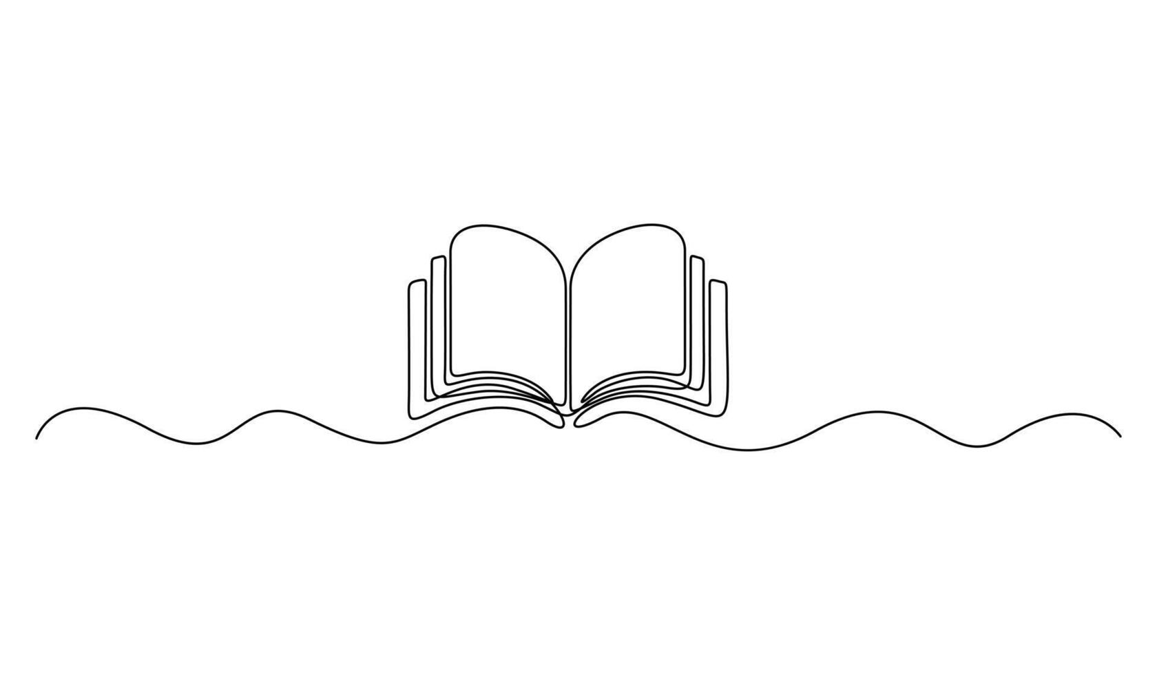 Open book drawn in one continuous line drawing. Graphic illustration vector
