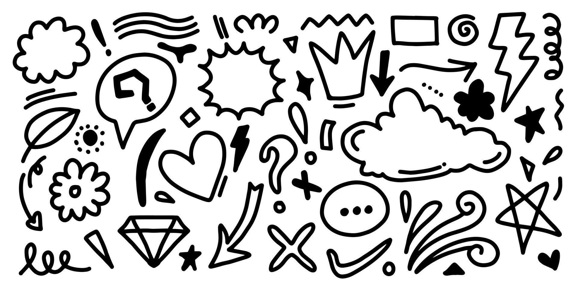 Hand drawn doodle design elements. crown, cloud, Arrow, heart, emphasis, star, leaves and other vector