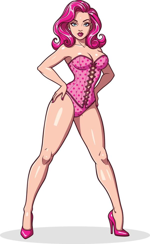 Cartoon pin up girl in pink lingerie vector