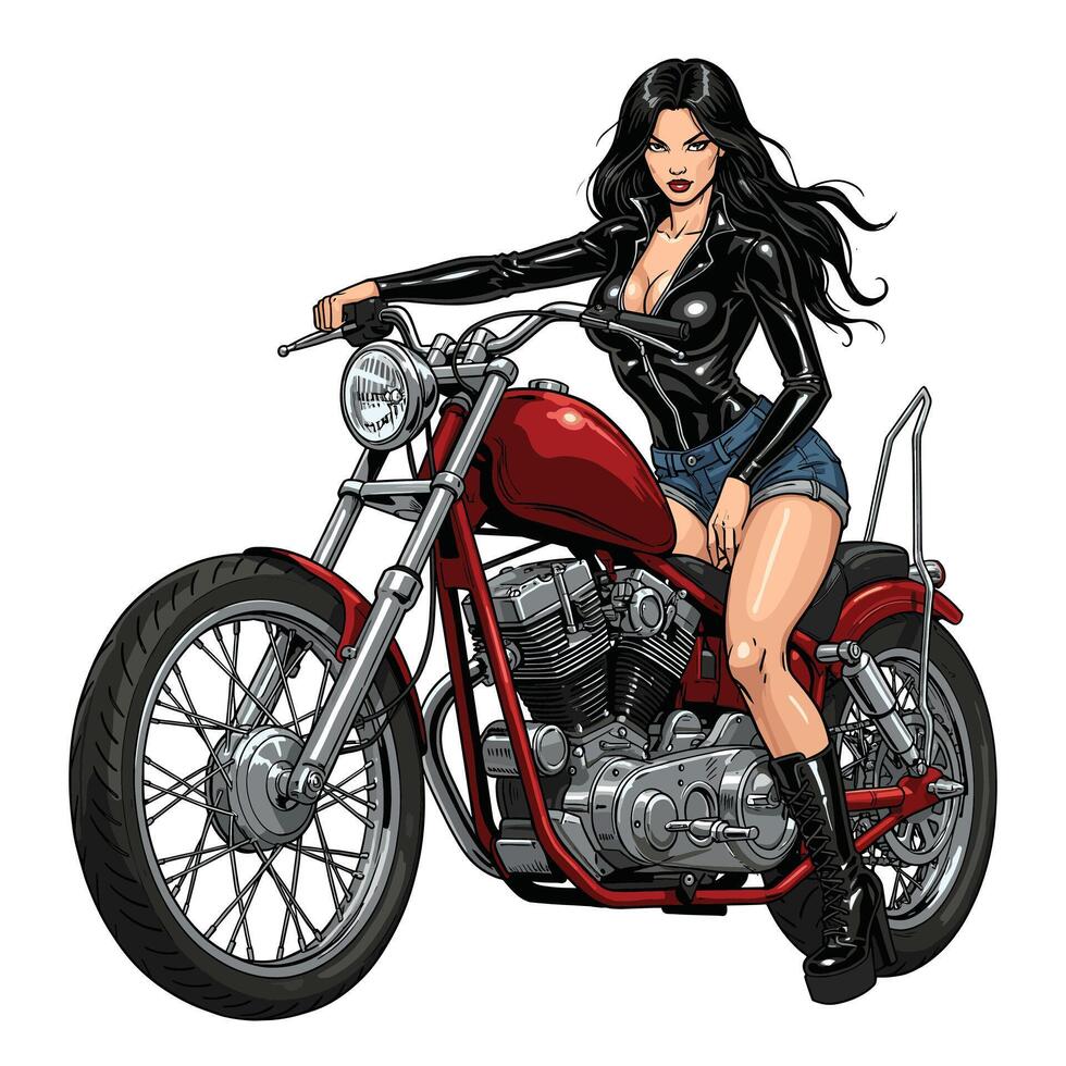 A woman in a leather outfit sitting on a motorcycle vector