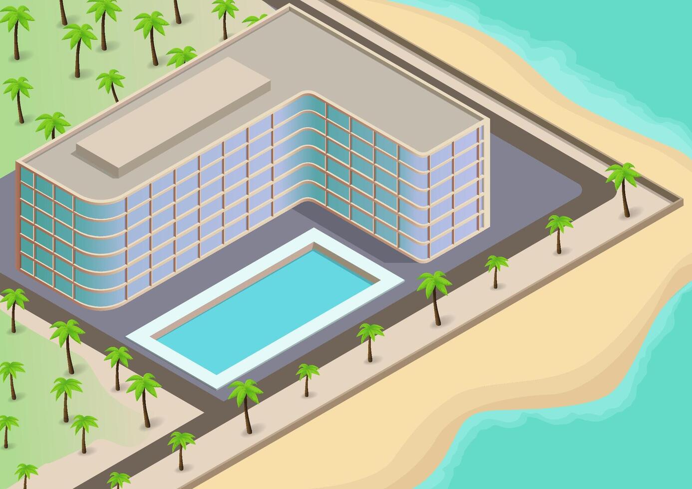 Isometric hotel building around the beach vector