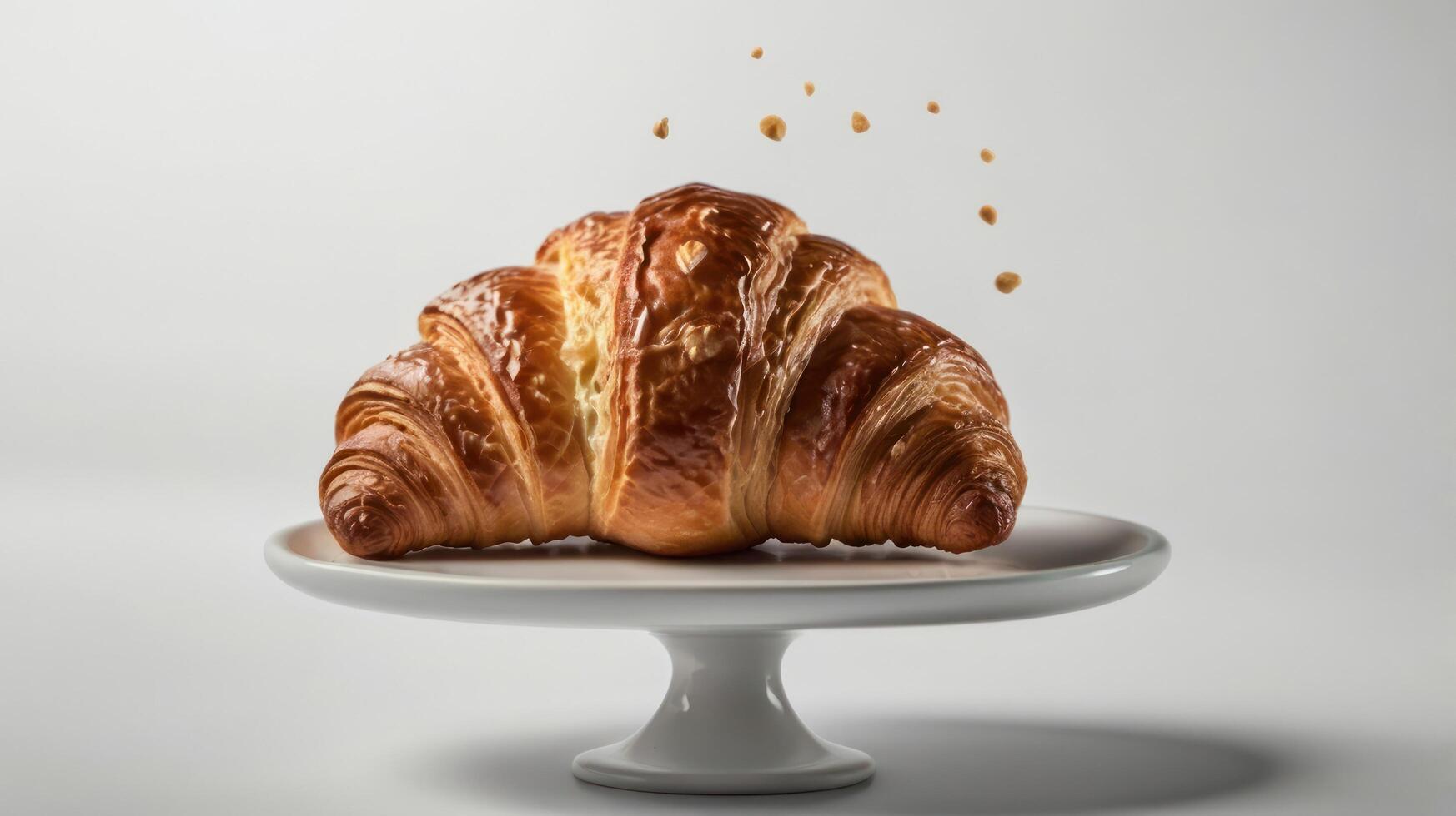 A croissant is sitting on a plate with a splash of water photo