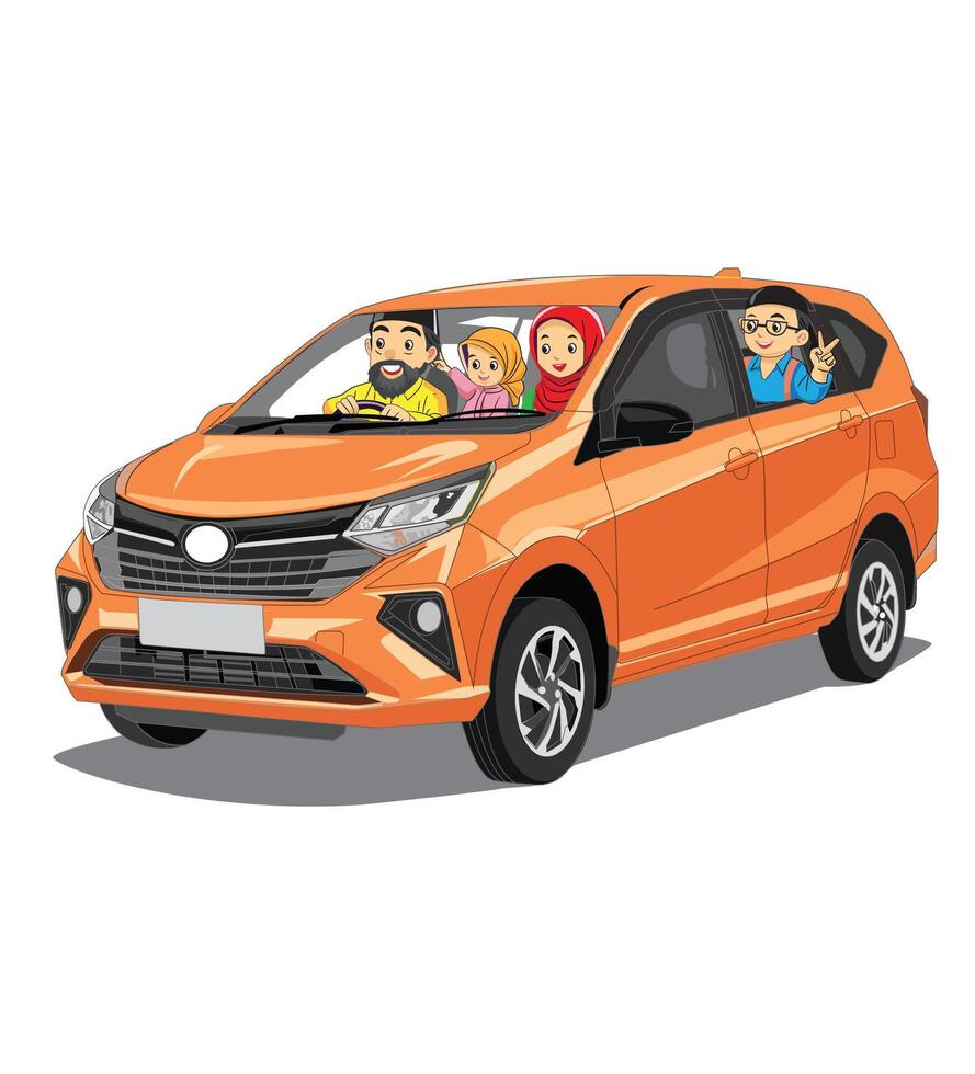 Illustration of a family consisting of a father, mother and two children went home for Eid by driving a minibus vector