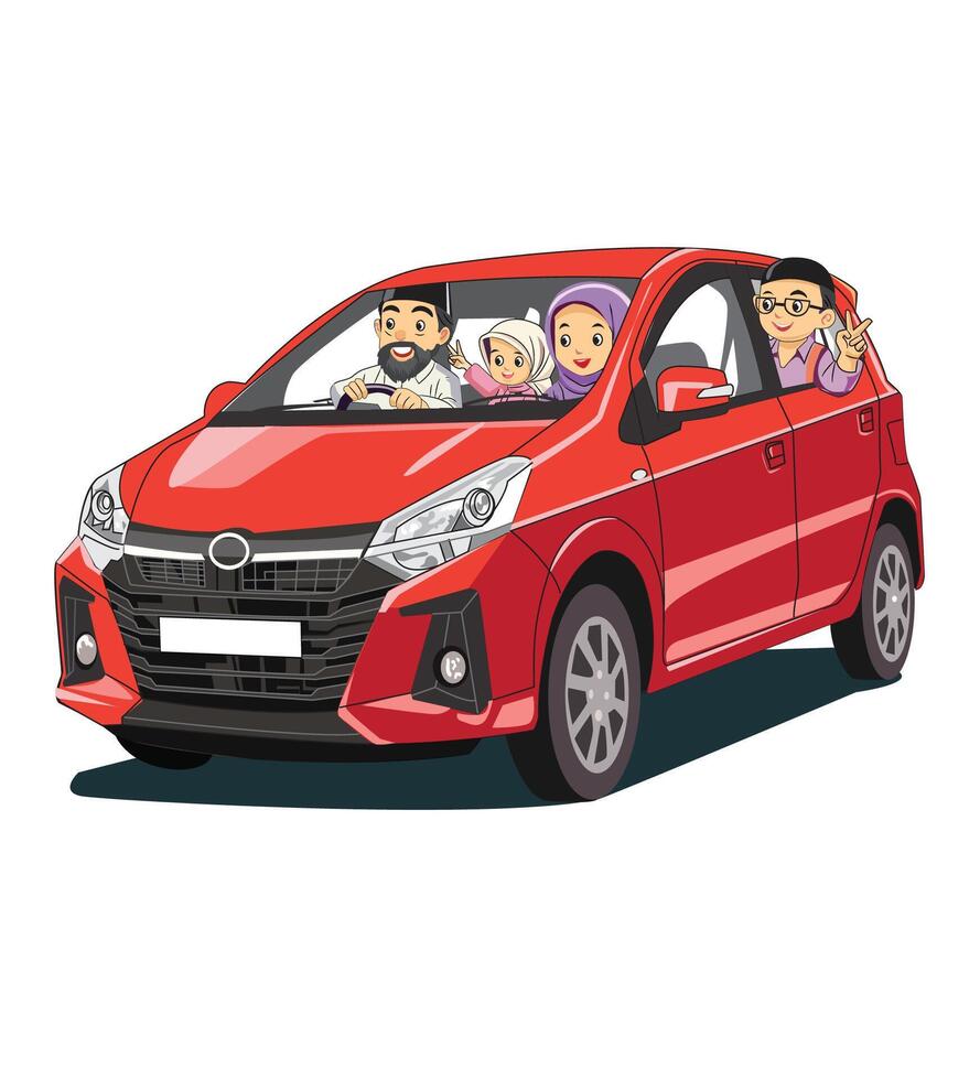 Illustration of a family consisting of a father, mother and two children went home for Eid by driving a city car vector