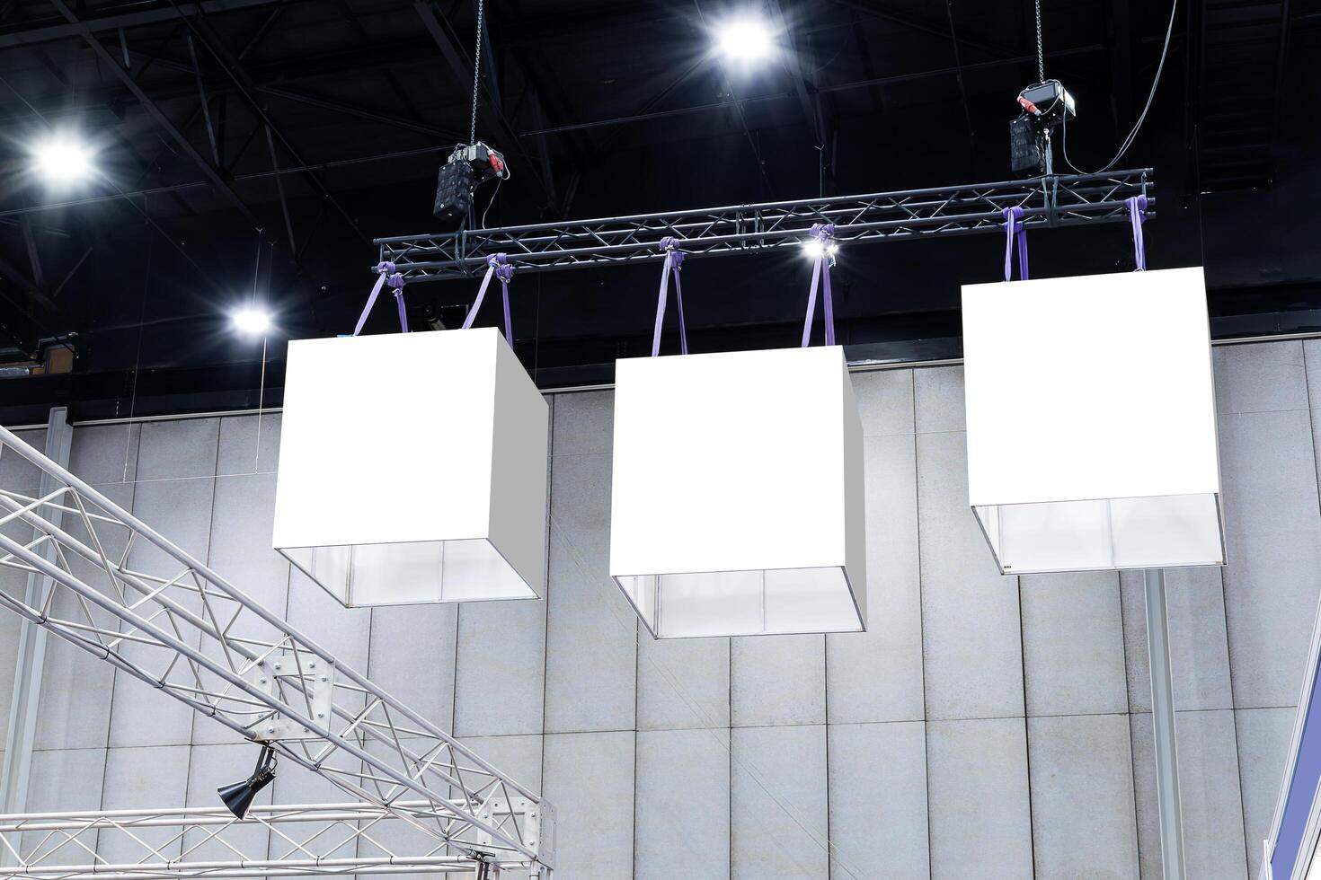 Hanging three mock up white cube lightbox billboard. Clipping path for mock up photo