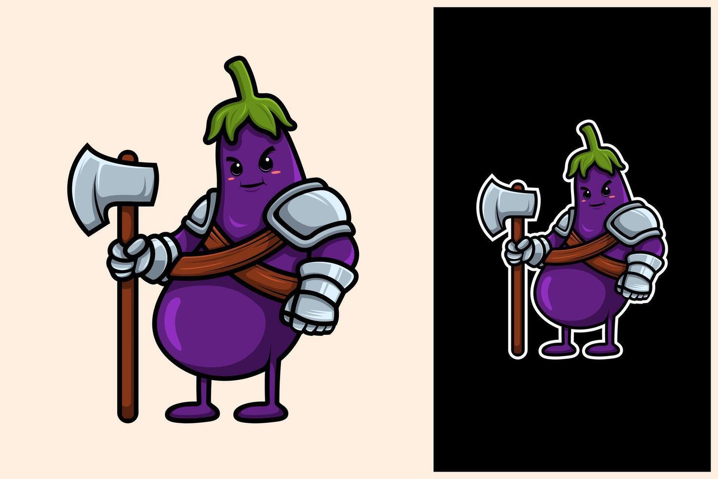 Cute Cartoon Eggplant Warrior with Axe and Armor vector